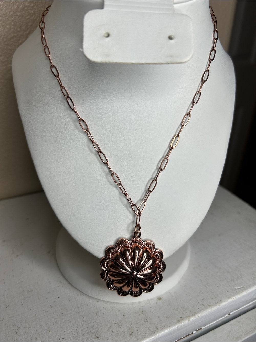 WESTERN Floral Concho Dainty Paperclip Chain Necklace Copper Tone
